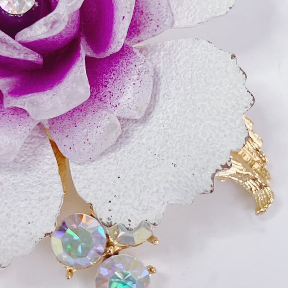 Vintage Mid Century Purple Lucite Enamel Orchid Flower Brooch AB Rhinestones - Picture 4 of 11